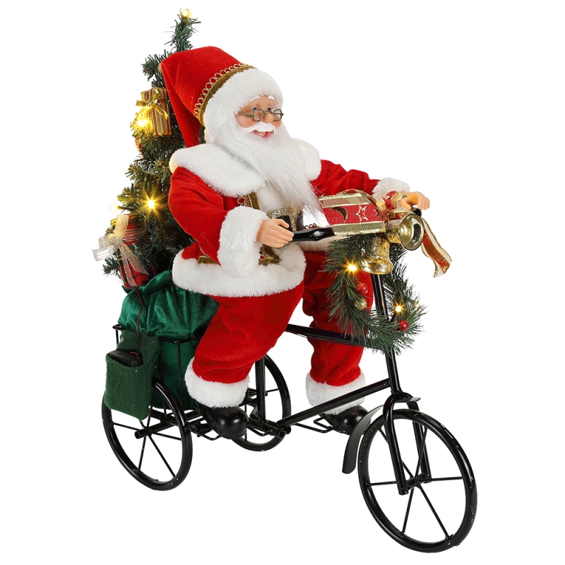 45 cm Santa Claus zittend op driewieler verlichting Kerst decoratie beeldje collectie stof vakantie festival aangepaste item
