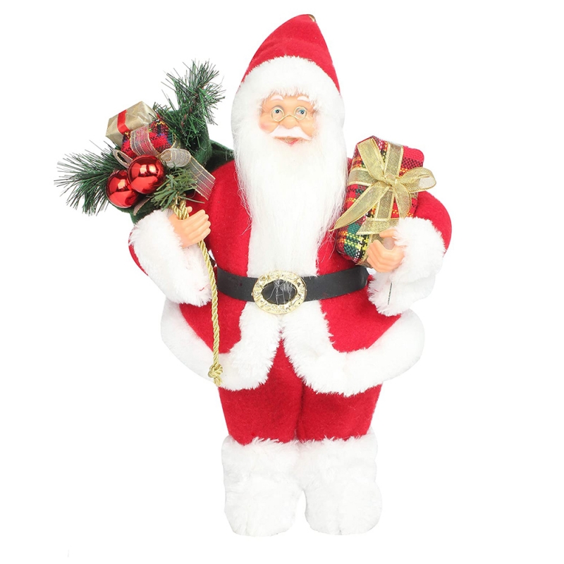 14 inch Standing Red Christmas Santa Claus Beeldje met Gift Box Pine Naald Plastic Traditionele Ornament Vakantiedecoratie