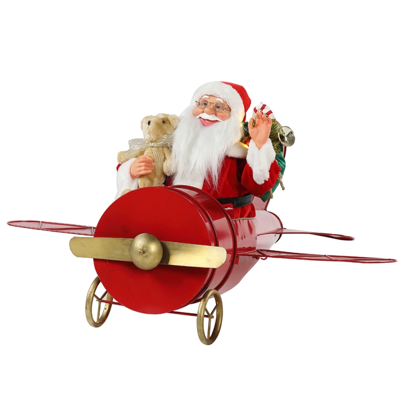 80 cm Kerstmis muzikale geanimeerde Santa Claus zittende rode vliegtuig decoratie beeldje klassieke vakantie ornament geschenken collectie